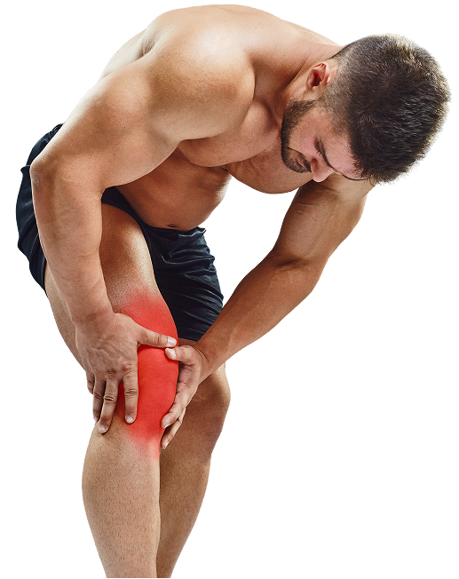Athletic man holding his painful knee with a red highlight