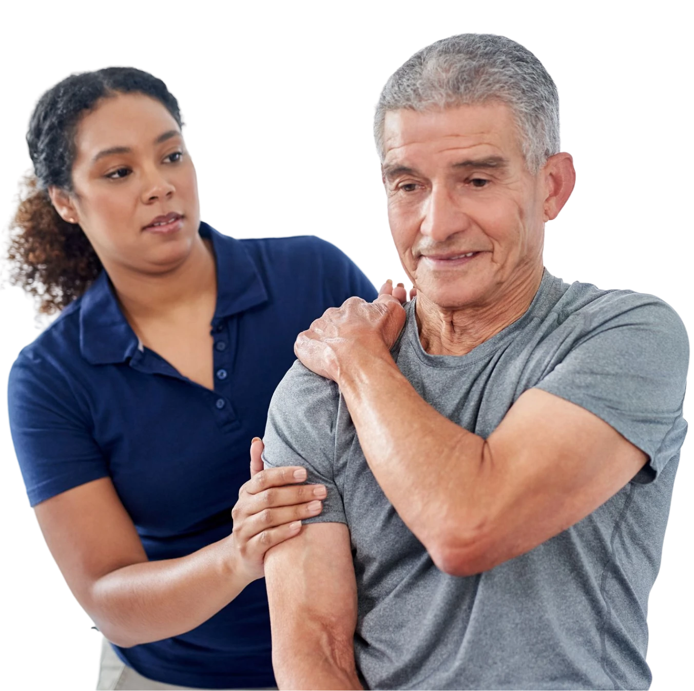 Older man holding his shoulder while a therapist supports his upper arm