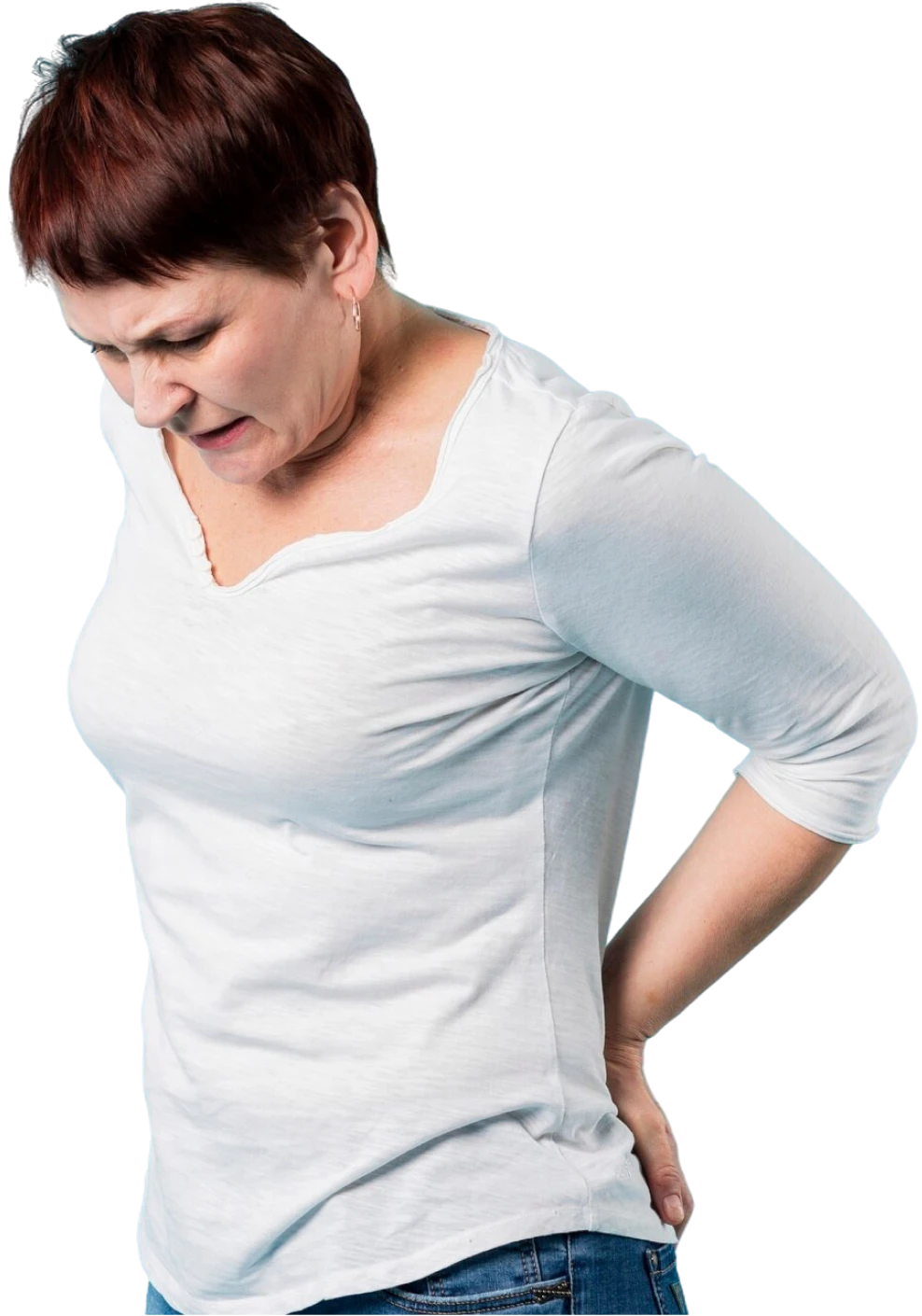 Woman holding her lower back and hip area in discomfort