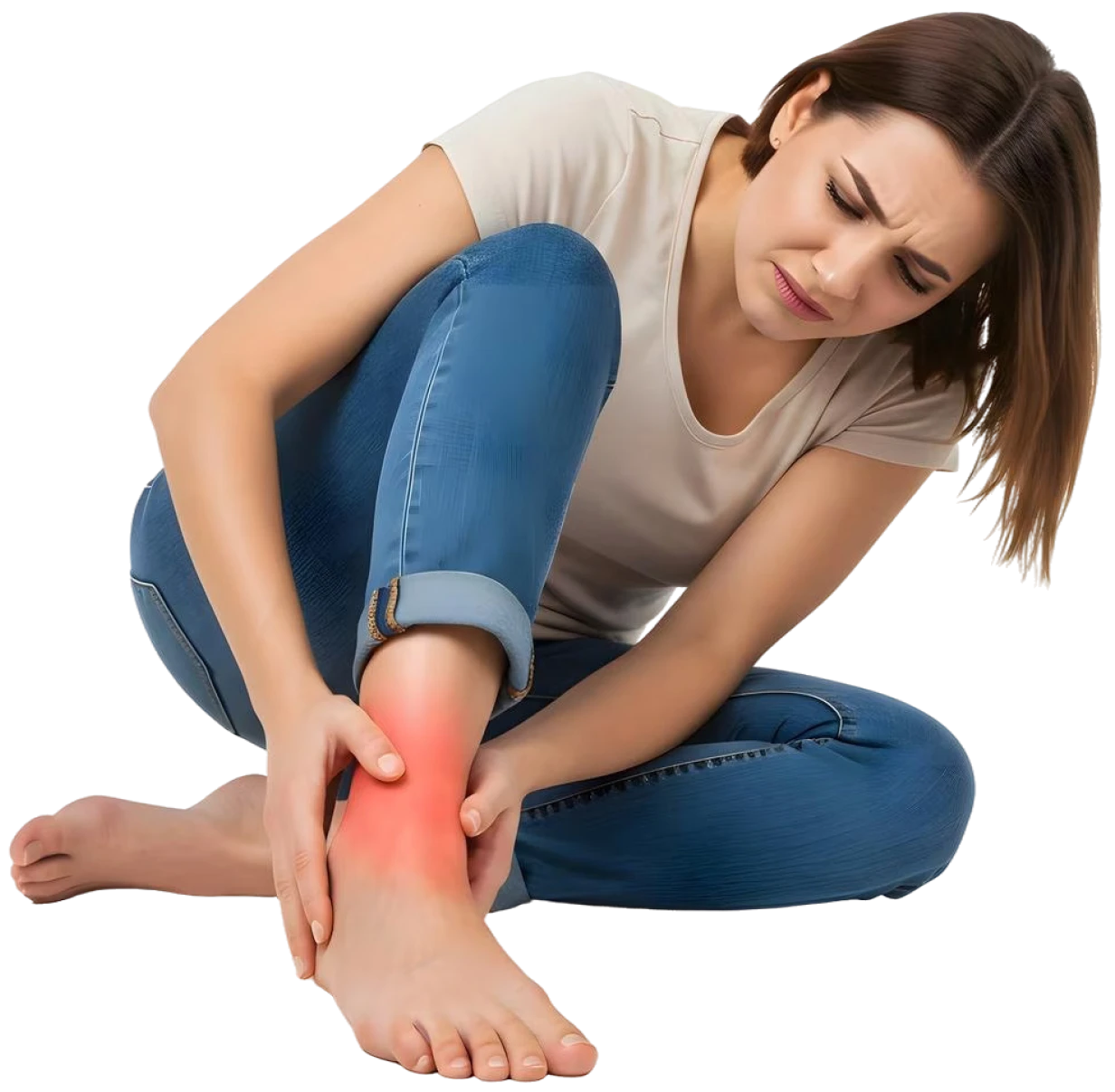 Woman holding a painful ankle with red highlight