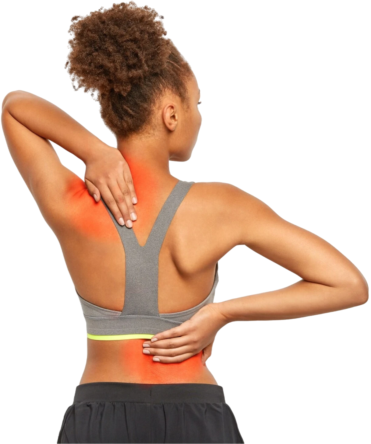 Woman holding her upper and lower back with red pain highlights