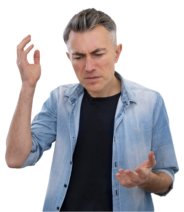 Man raising one hand while looking down with a confused expression