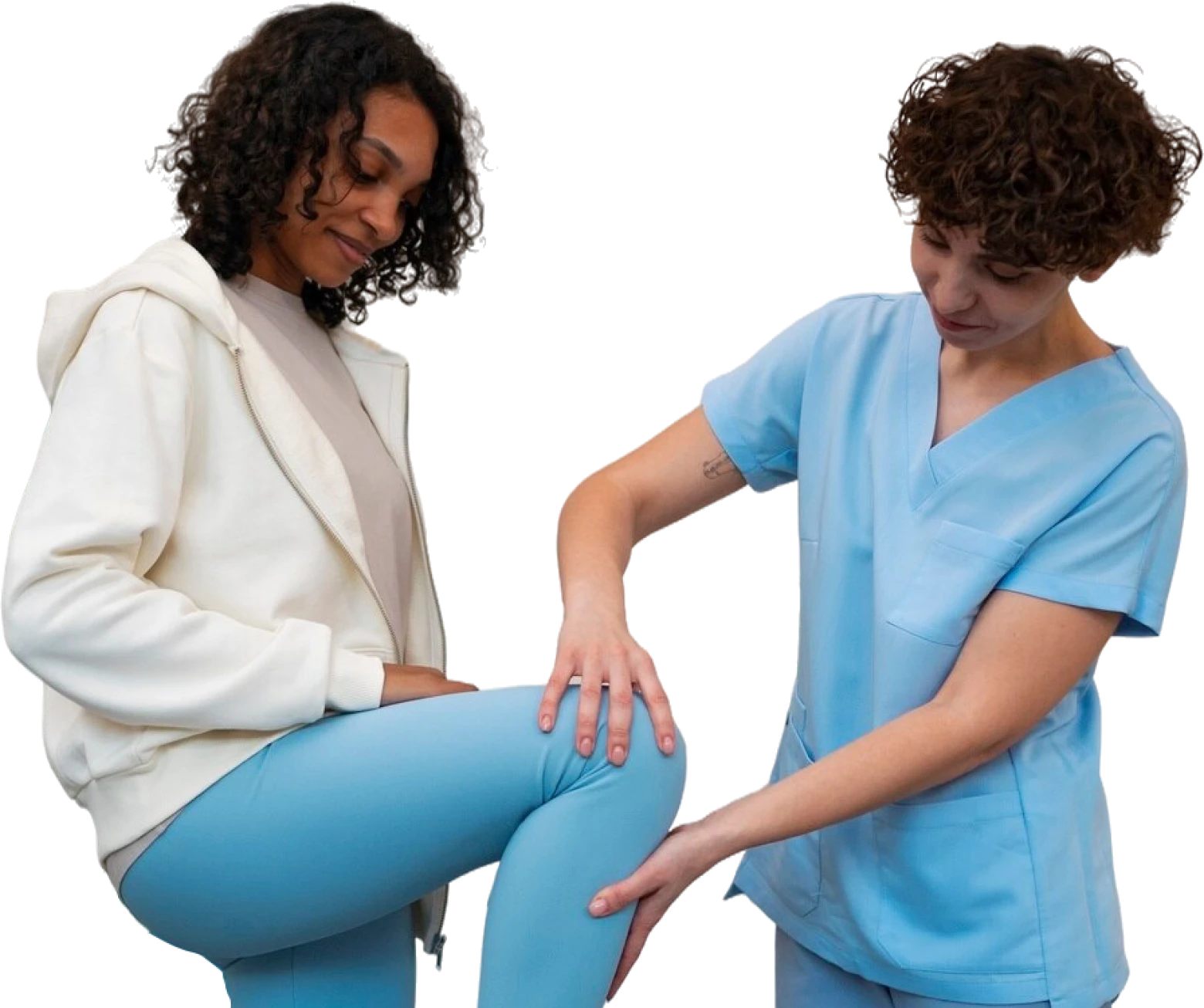 Website visual showing healthcare professional examining a woman's bent knee