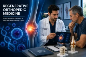 Doctor discussing regenerative orthopedic medicine with a patient beside a knee joint illustration and biological elements.