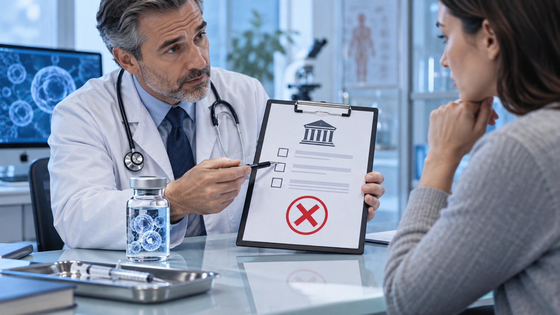 Doctor discussing the regulatory approval status of an exosome product with a patient.