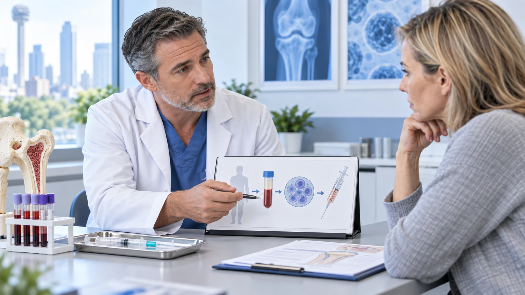 Doctor explaining an autologous cell procedure using a patient's own biological material