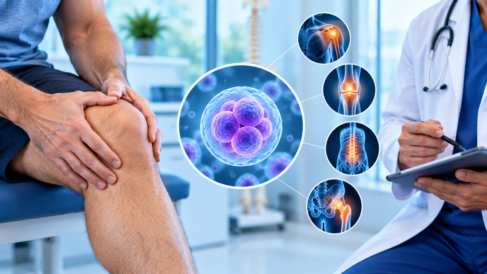 Patient with knee pain consulting a doctor beside regenerative cell and joint illustrations