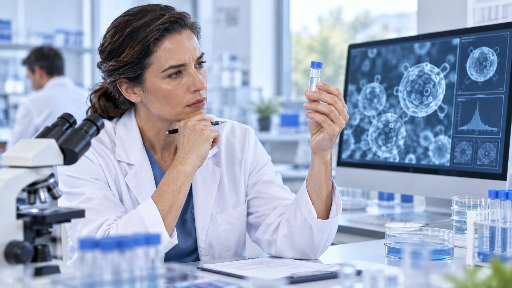 Medical researcher examining an exosome sample while reviewing laboratory imaging