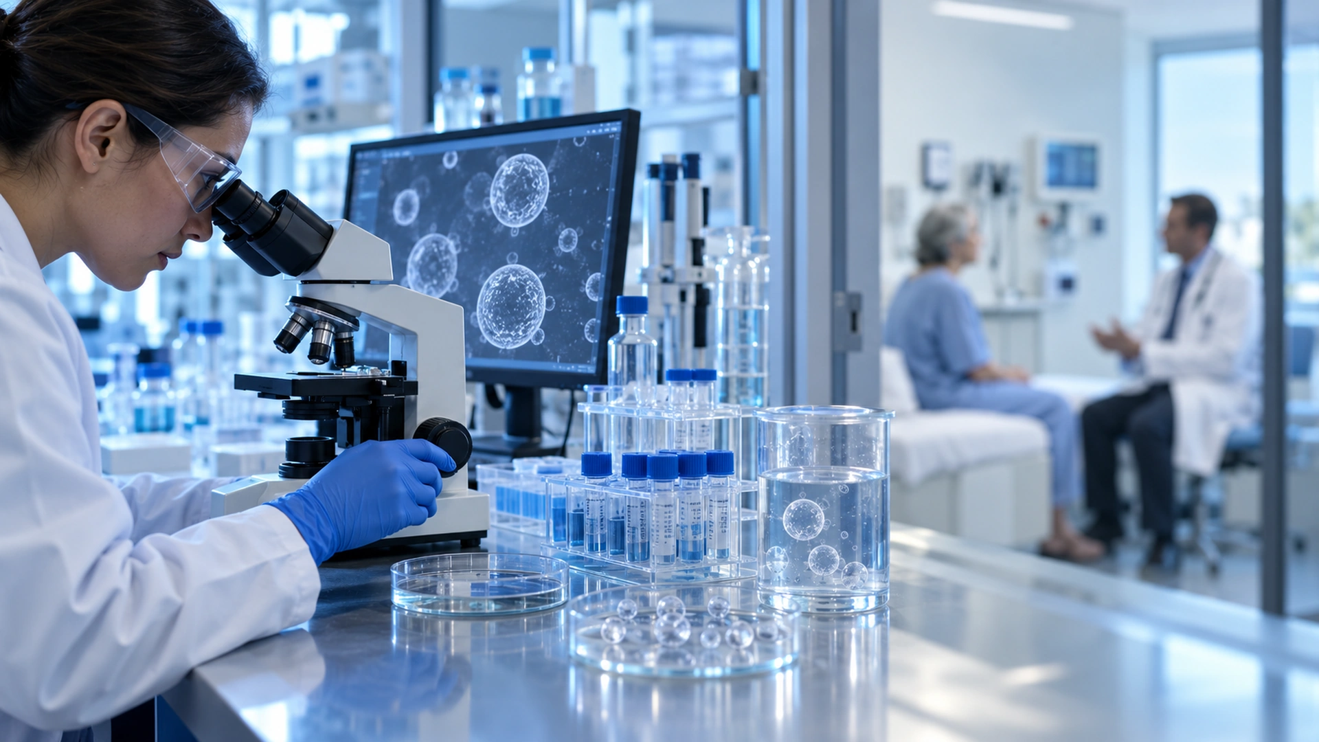 Medical researcher studying extracellular vesicles under a microscope in a clinical laboratory.