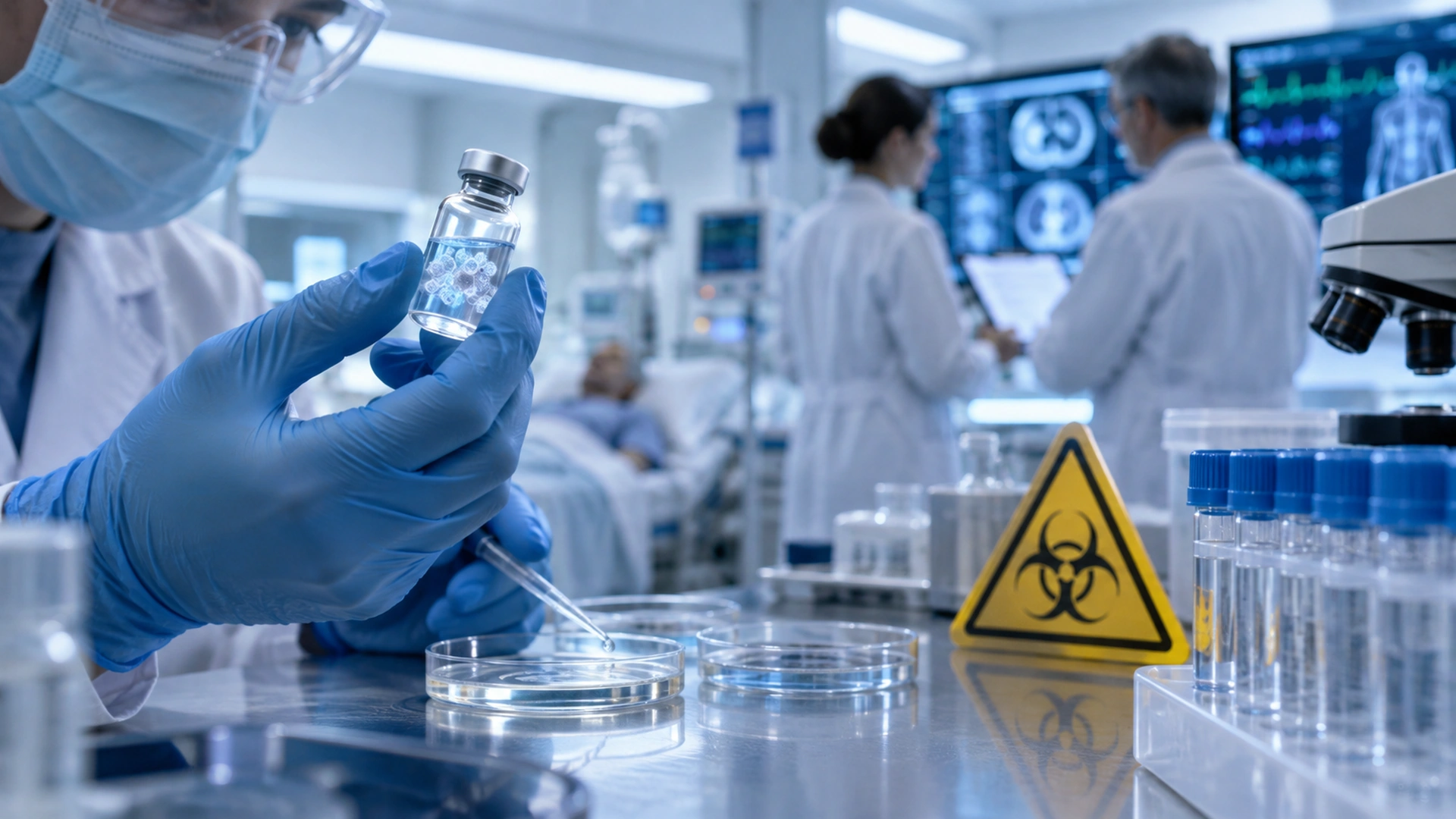 Laboratory professional carefully handling an investigational biological sample in a controlled medical research environment.