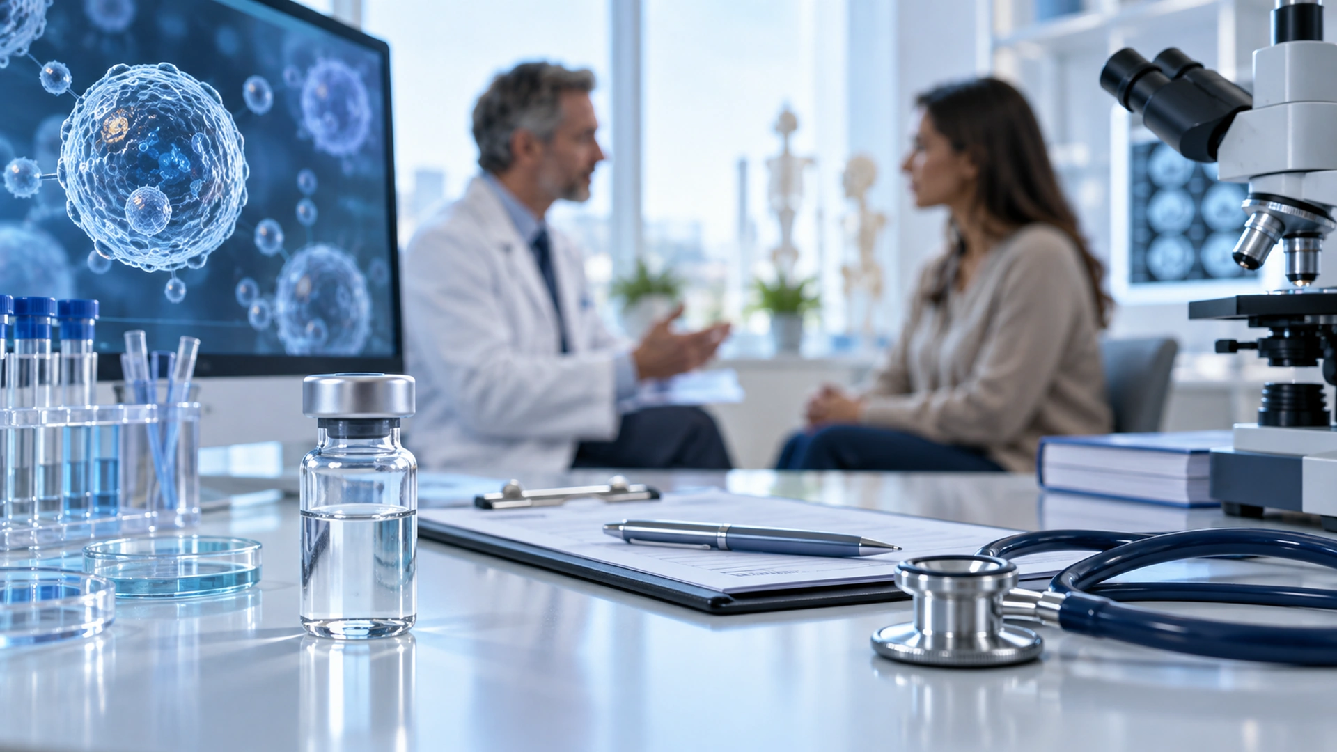 Doctor consulting with a patient about exosome therapy in a modern clinical research setting.