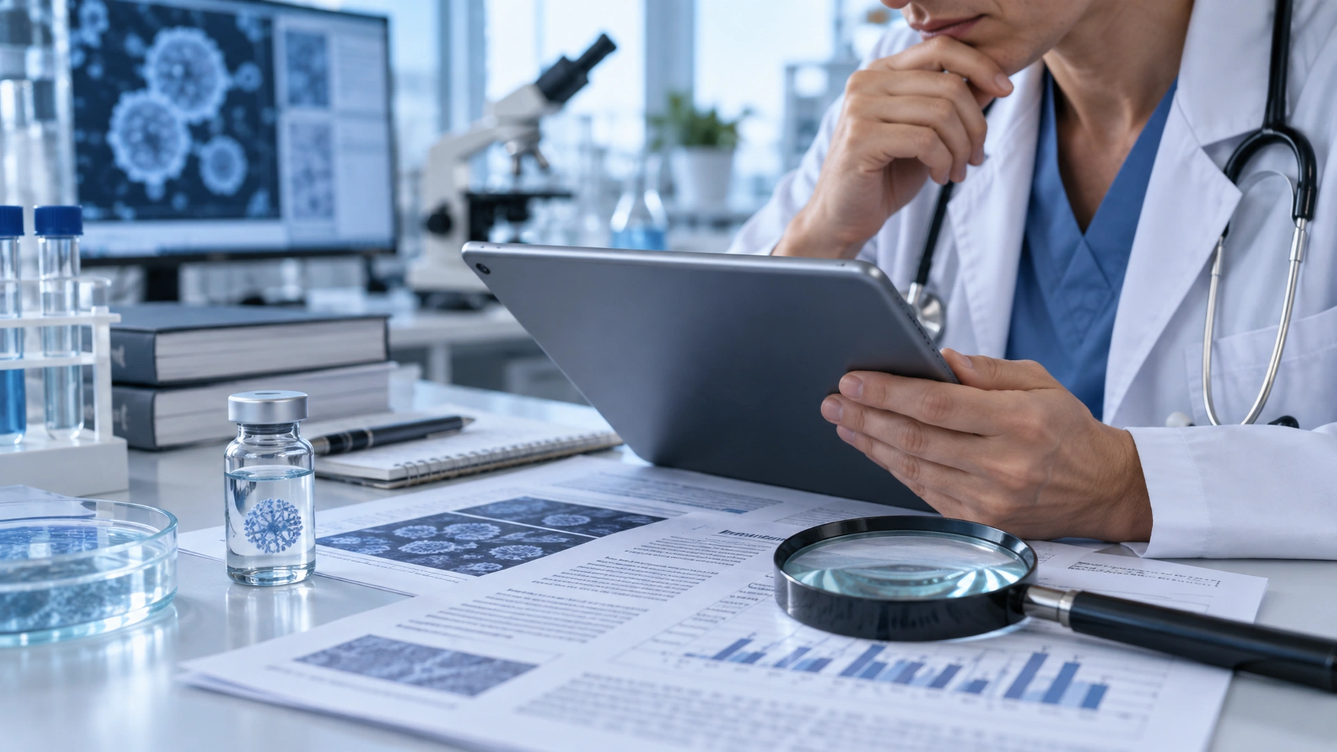 Doctor reviewing scientific research papers and clinical evidence about extracellular vesicles.