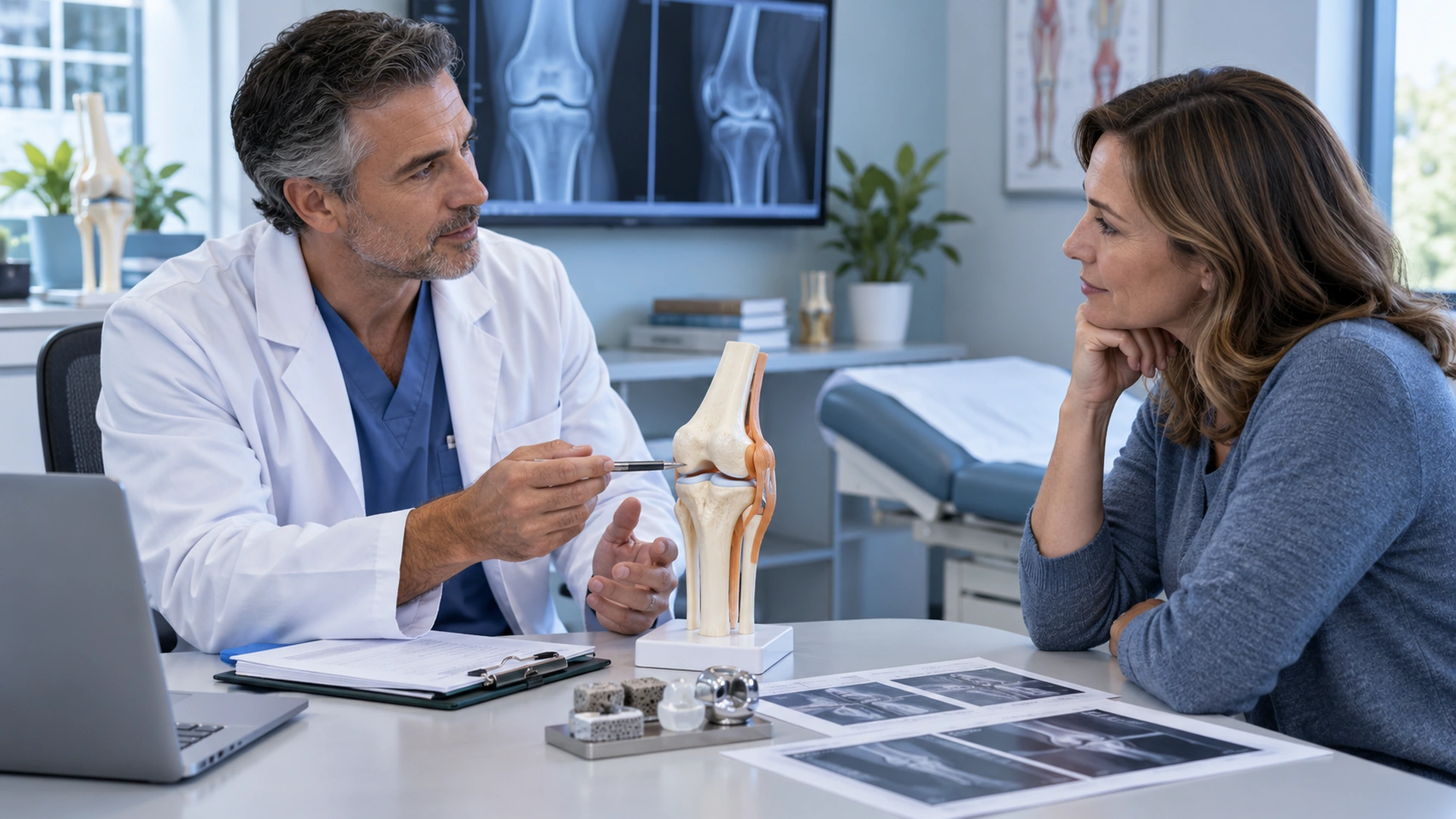 Doctor explaining knee anatomy and treatment considerations to a patient during a medical consultation.