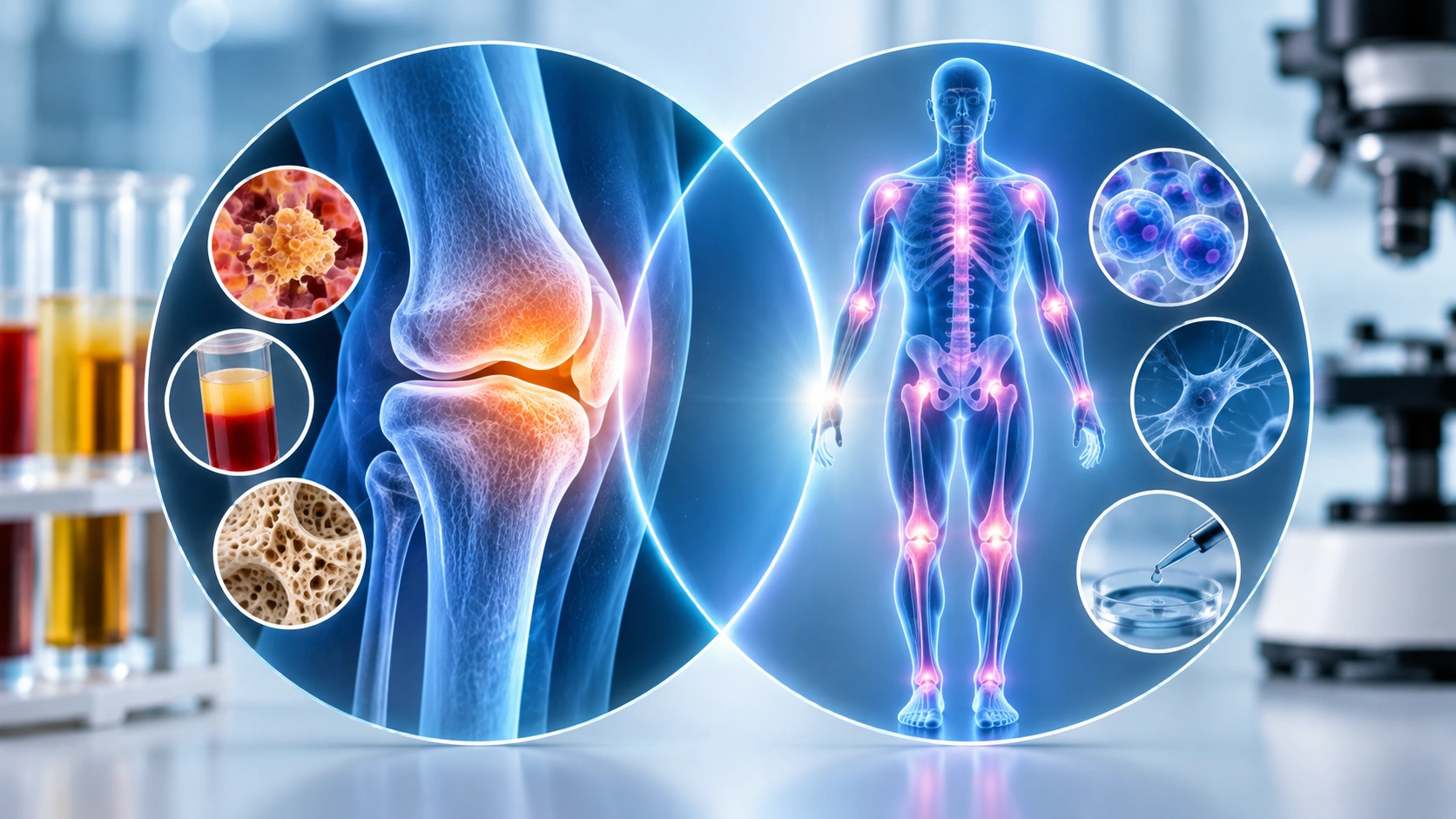 Medical illustration comparing a knee-focused orthopedic concept with broader regenerative medicine concepts.