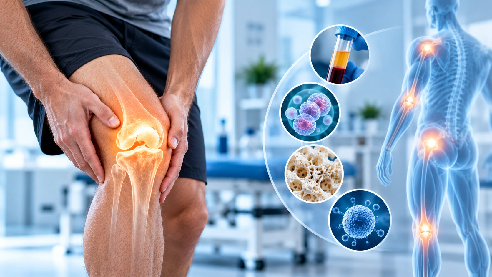 Orthobiologics and regenerative medicine concept showing knee joint anatomy, blood-derived biologics, bone tissue, and cellular therapy imagery.