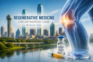 Regenerative medicine orthopedic care in Dallas featuring a knee anatomy illustration, orthobiologics, PRP, BMAC, and stem cell treatment concepts