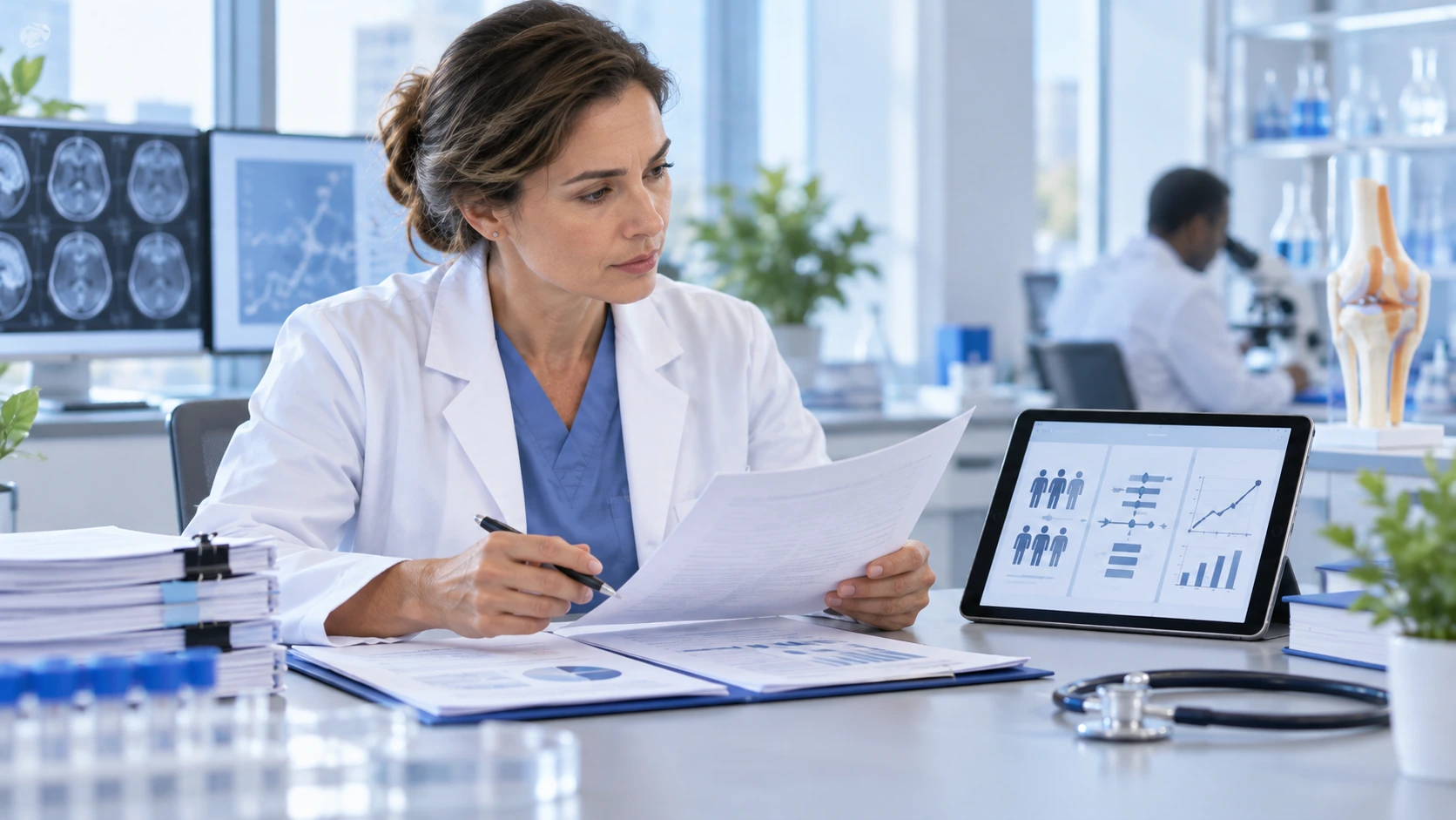 Medical researcher reviewing clinical trial data related to investigational stem cell treatments