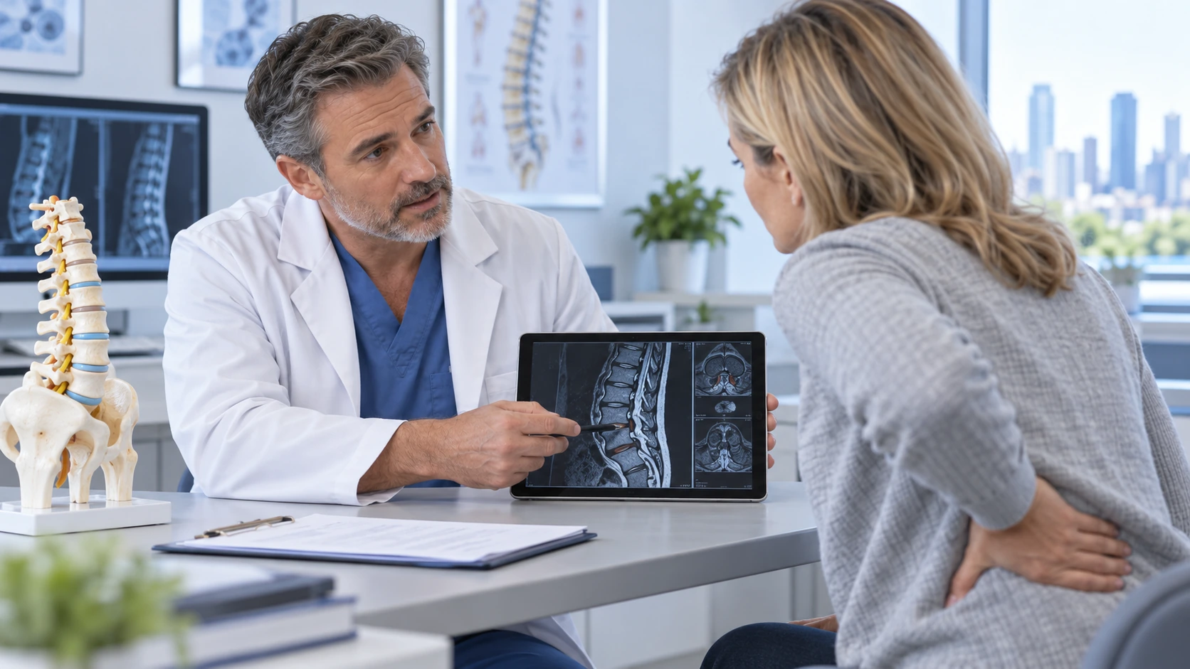 Doctor reviewing spine imaging with a patient experiencing back pain and disc disease