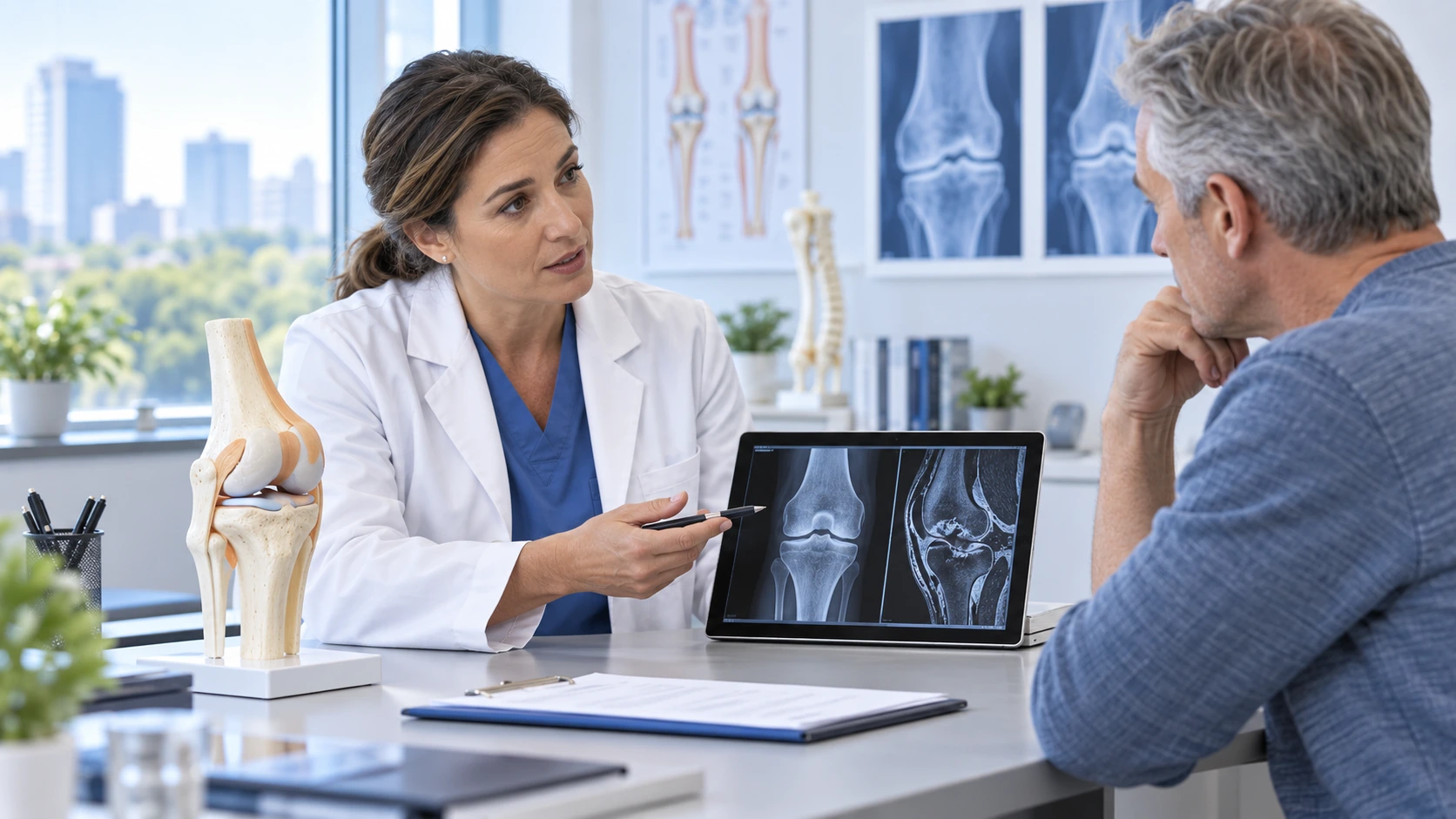 Doctor reviewing knee imaging with a patient considering stem cell therapy for knee arthritis