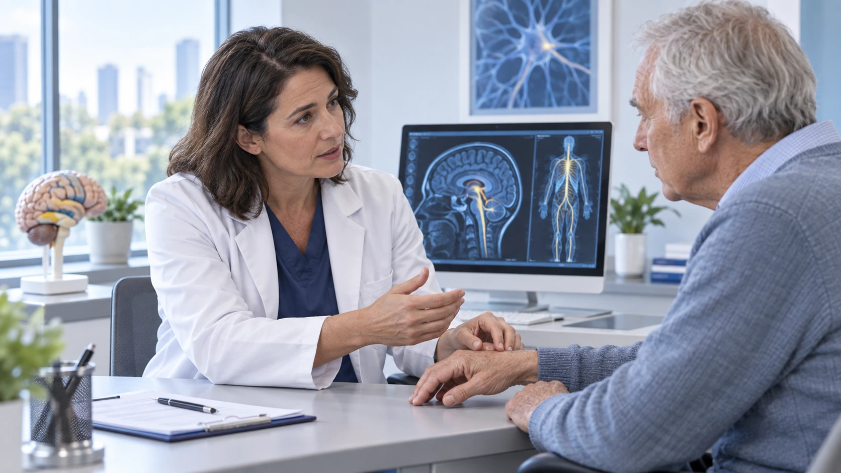 Neurologist discussing Parkinson's disease and peripheral neuropathy with an older patient