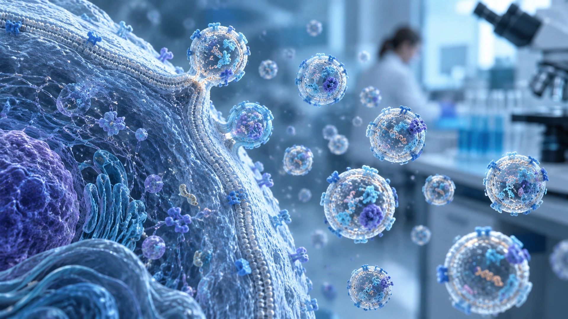 Microscopic visualization of extracellular vesicles being released from a cell in a biomedical laboratory.