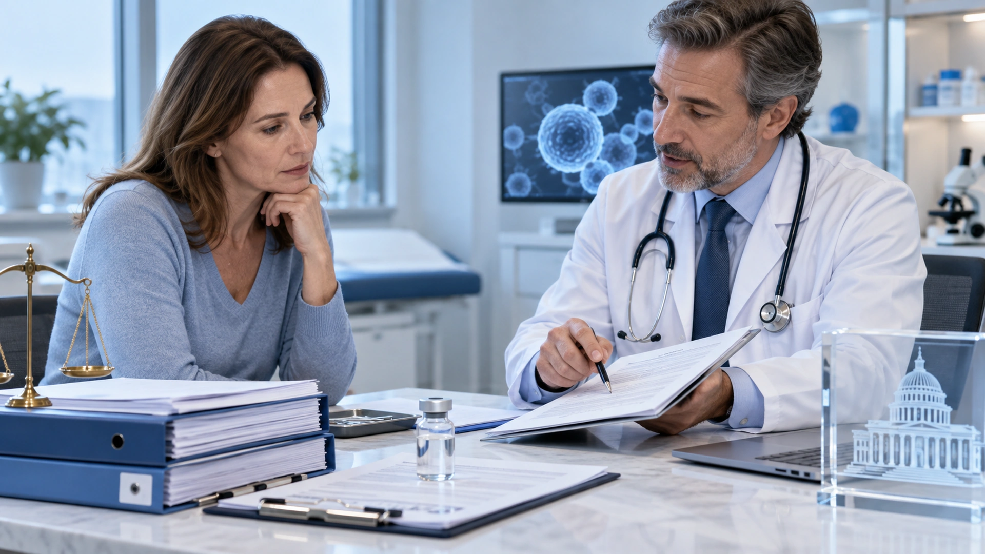Doctor reviewing regulatory documents with a patient before discussing an exosome treatment.