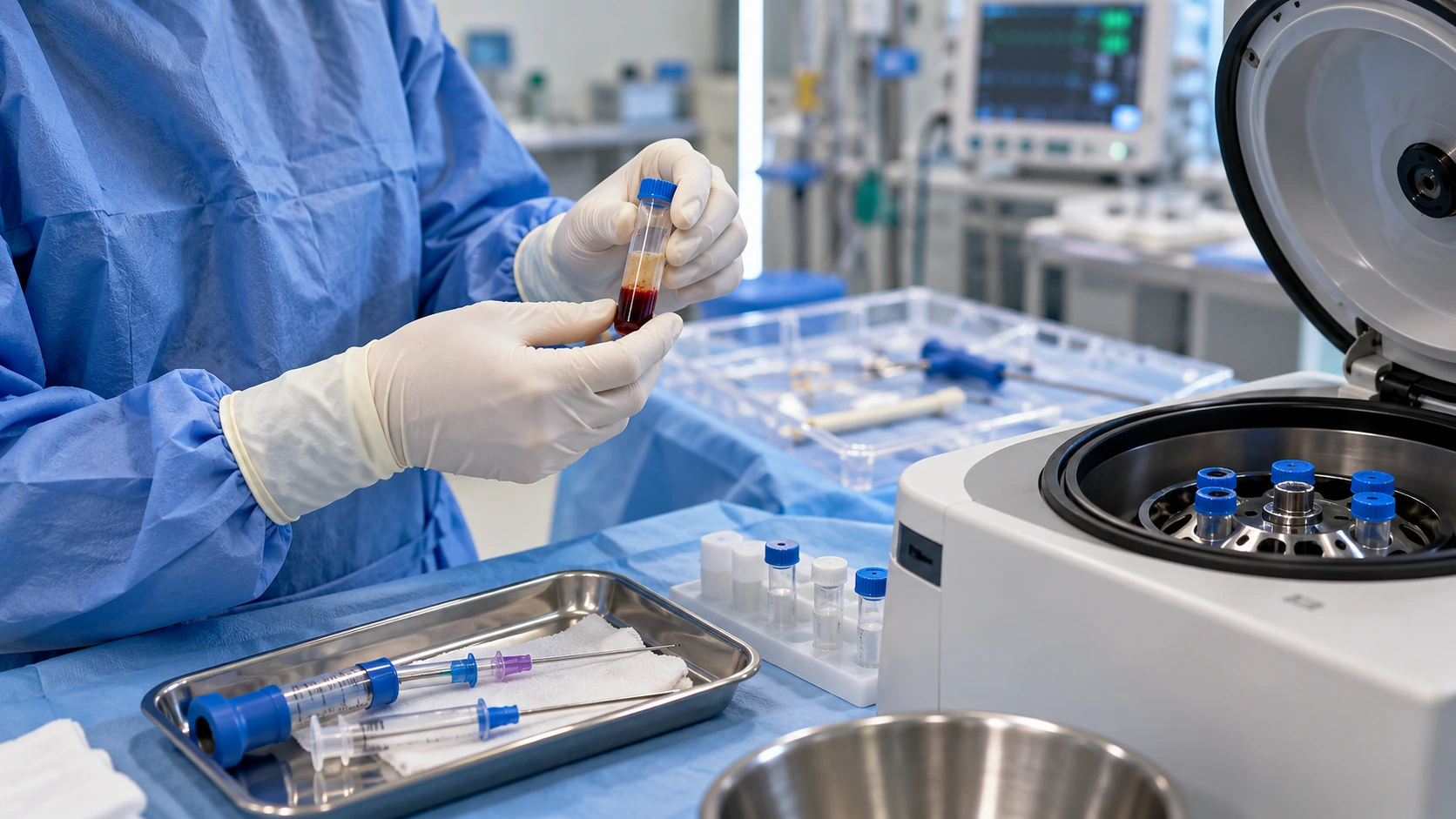 Clinician handling a bone marrow aspirate sample beside medical processing equipment.