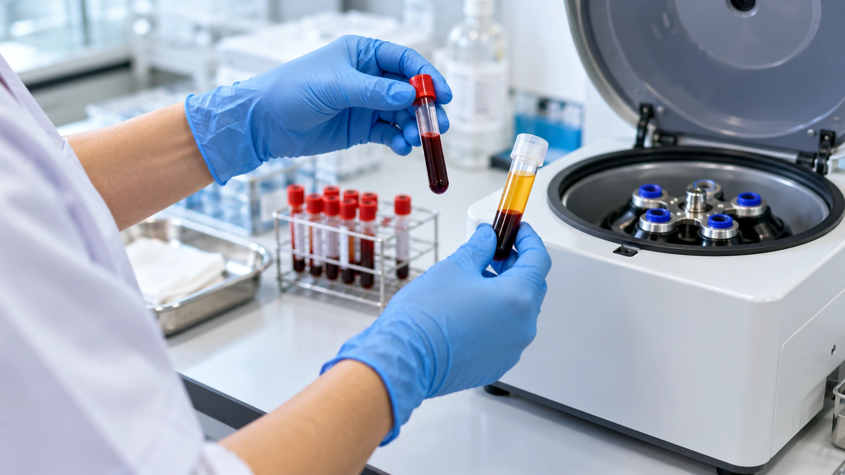 Clinician preparing a blood sample beside a centrifuge for PRP.