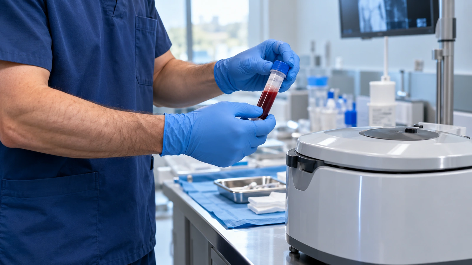 Gloved clinician holding a reddish sample tube beside a centrifuge