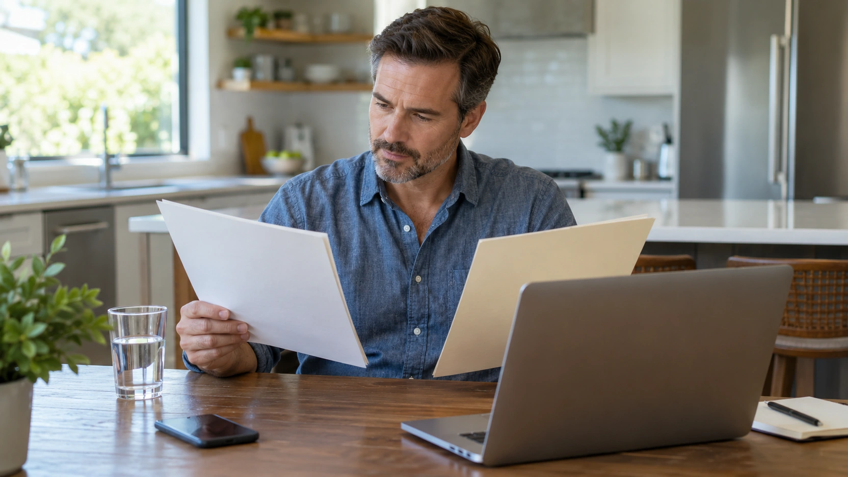 Man reviewing two folders beside a laptop at home.