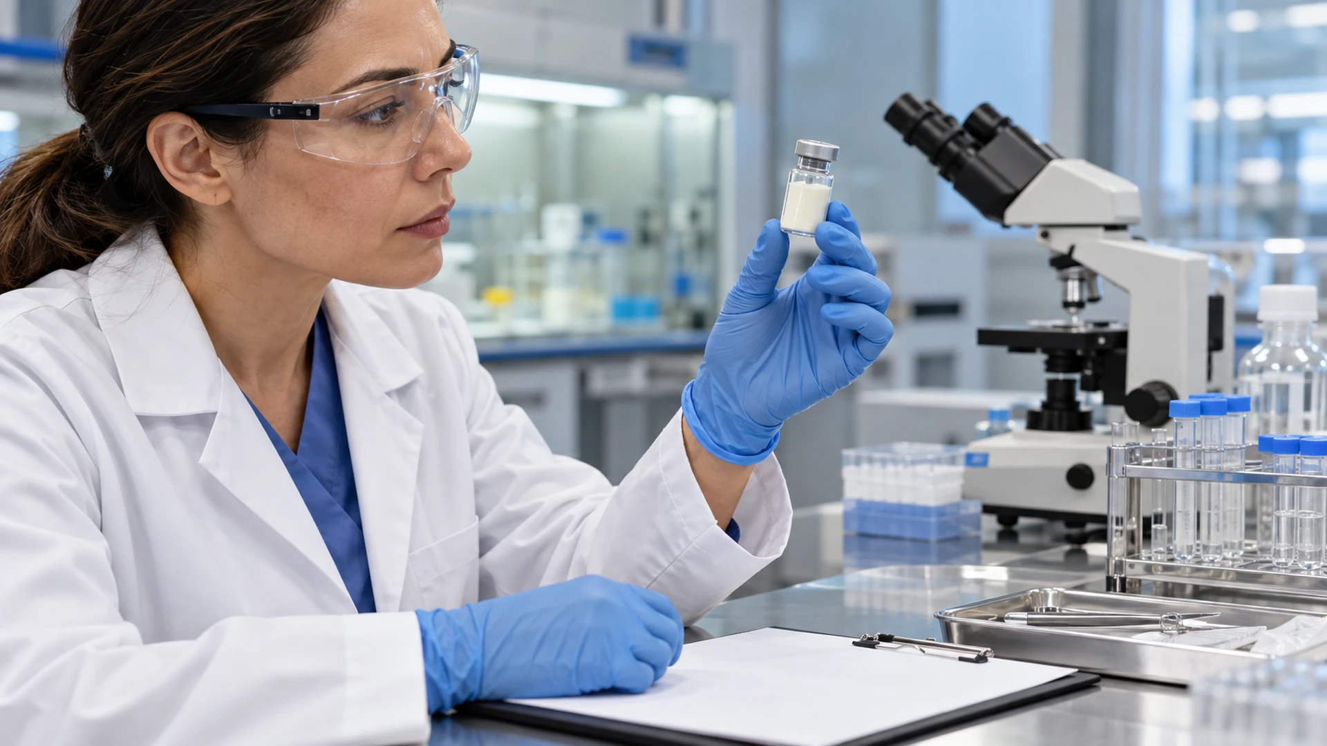 Lab professional examining an unmarked sample vial in a clinical laboratory.