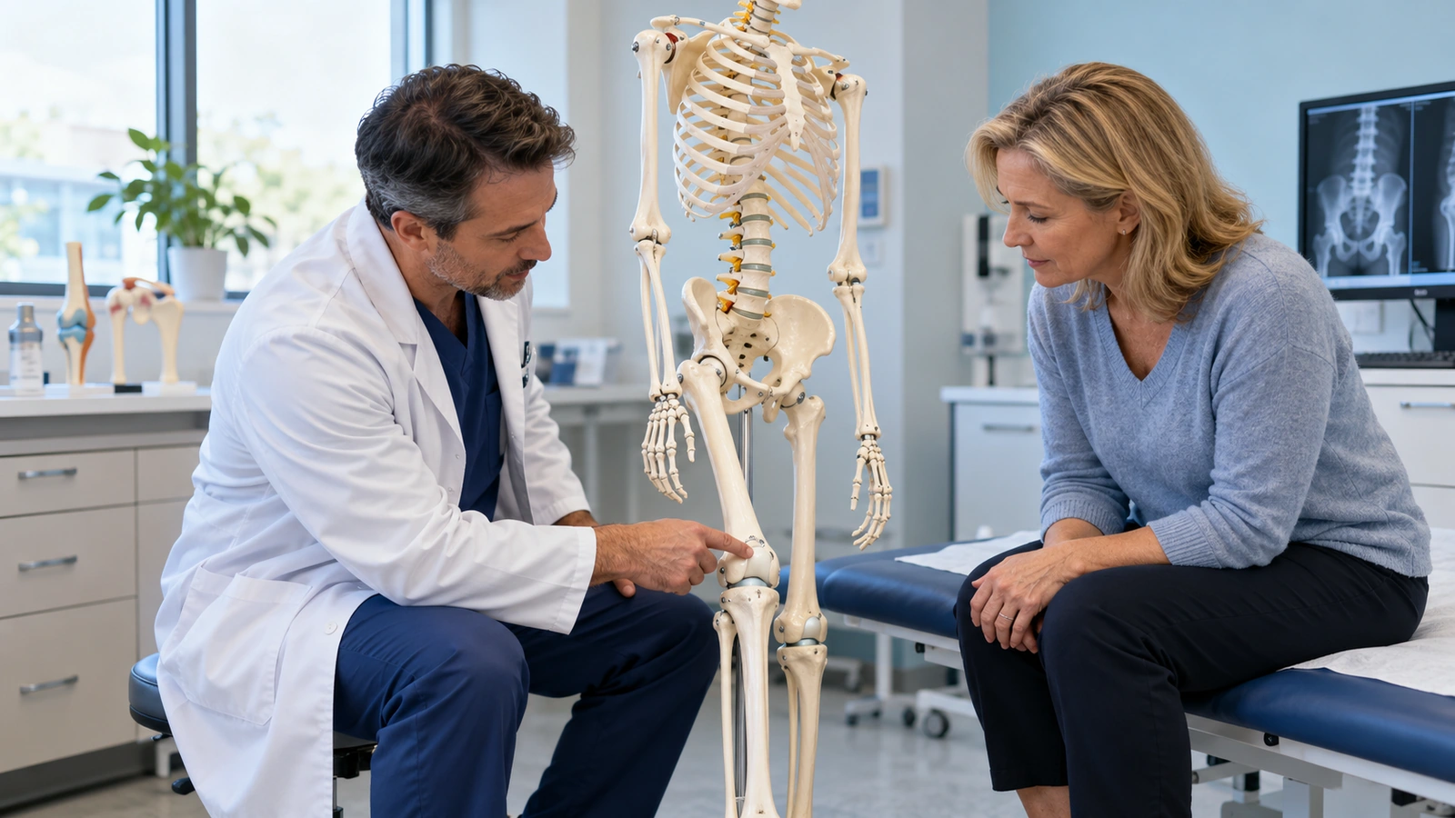 Doctor explaining the knee on a skeleton model to a seated patient