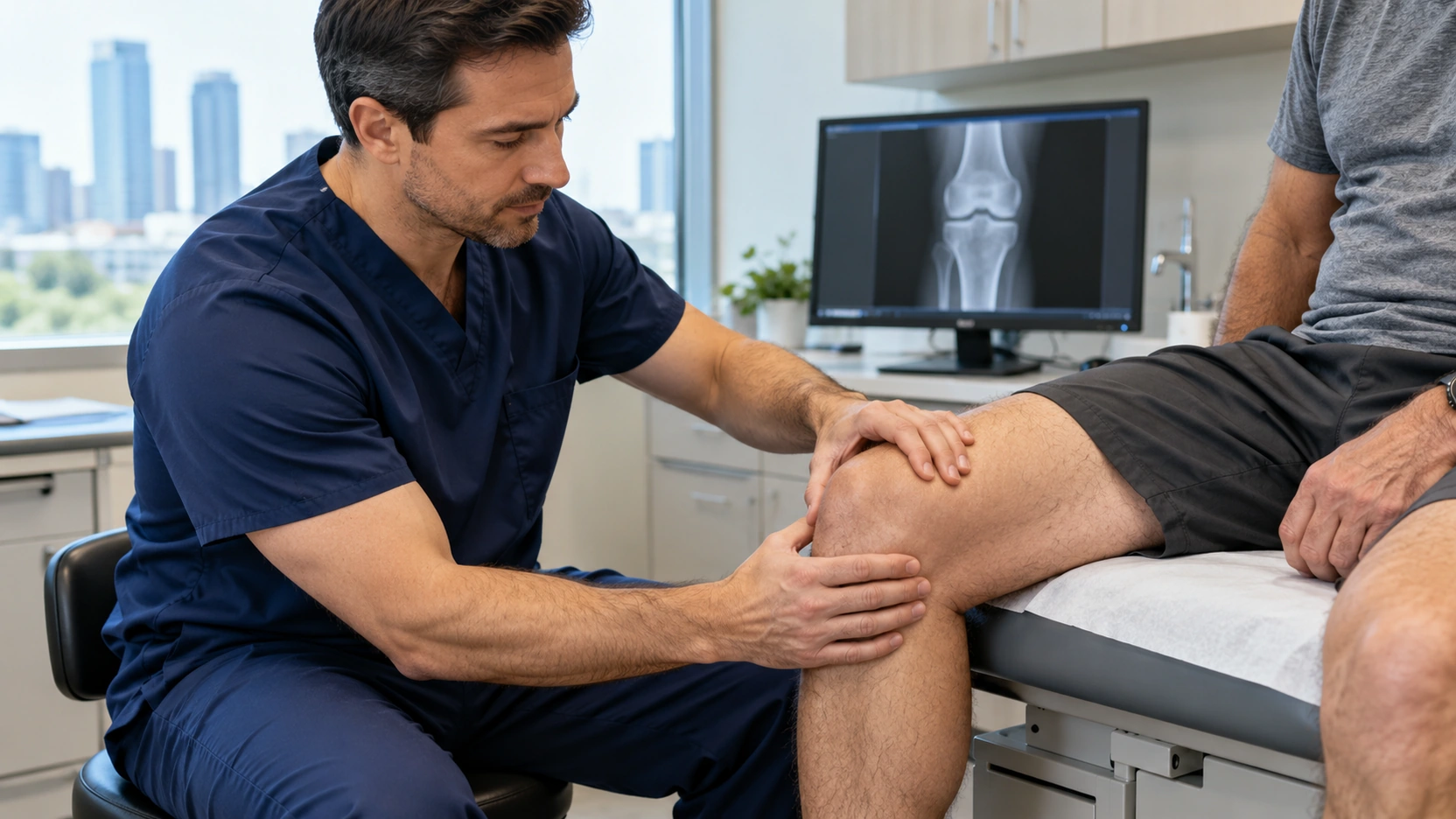 Doctor examining a seated patient’s knee with an X-ray visible behind them.