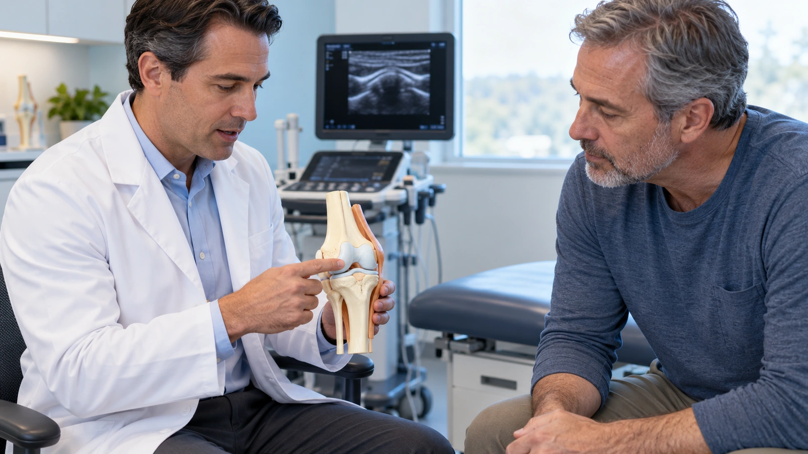 Physician explaining a knee model to a patient in an examination room