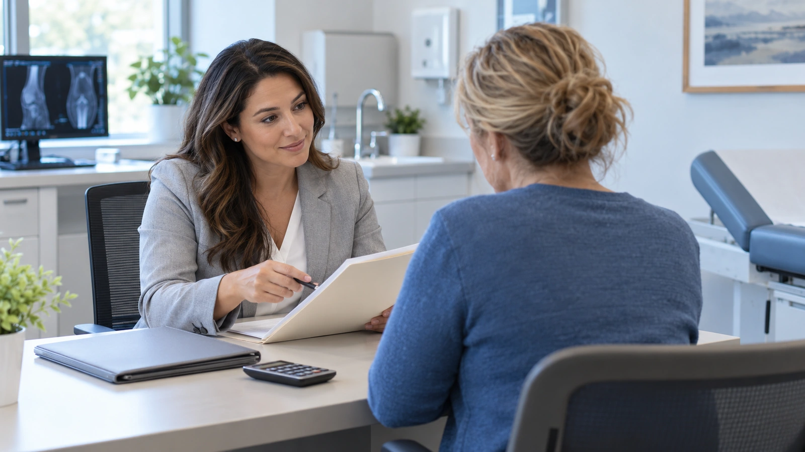 Patient and coordinator reviewing a folder with a calculator on the desk