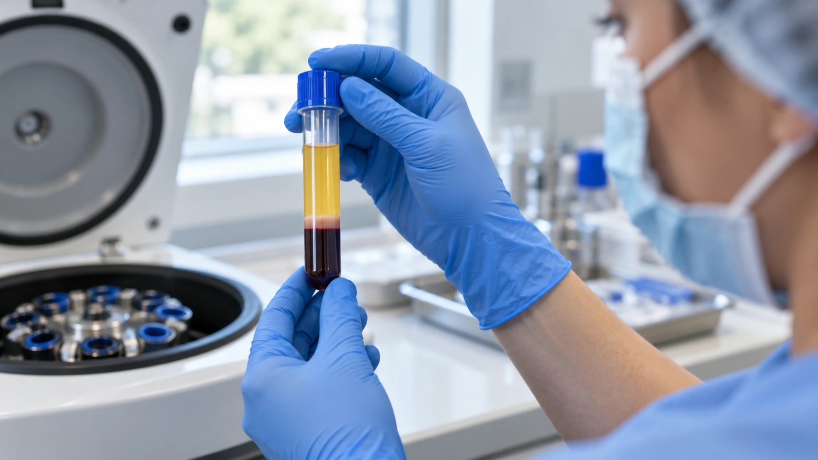 Gloved clinician holding a blood tube with separated plasma and red cell layers