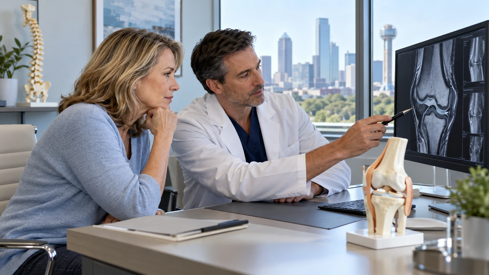Doctor and patient reviewing knee scans beside an anatomical knee model