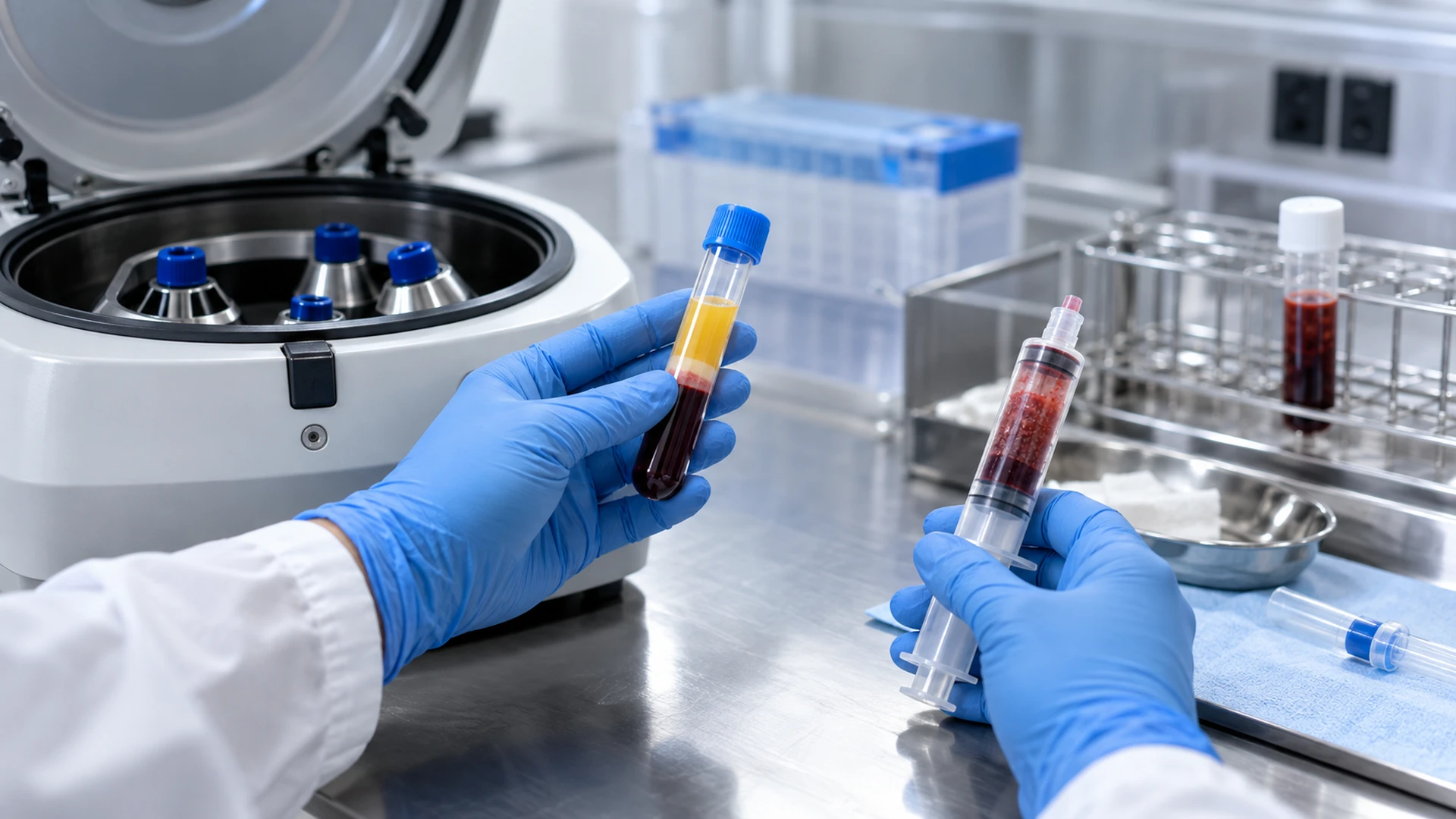 Gloved hands handling sample tubes beside a laboratory centrifuge.