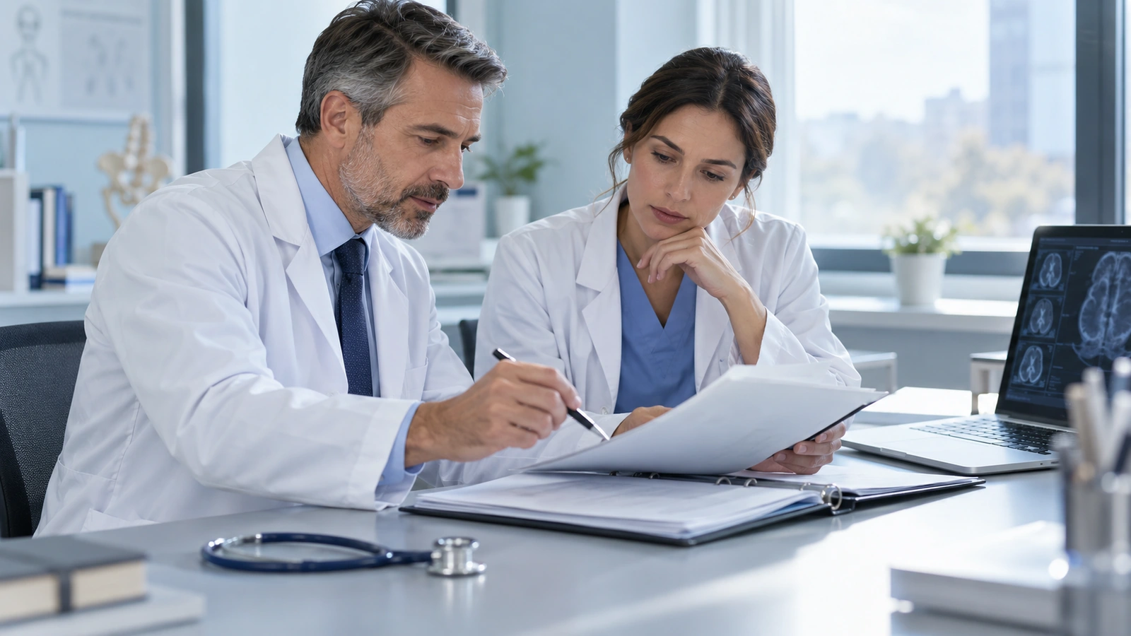 Two clinicians reviewing documents beside a laptop in a medical office