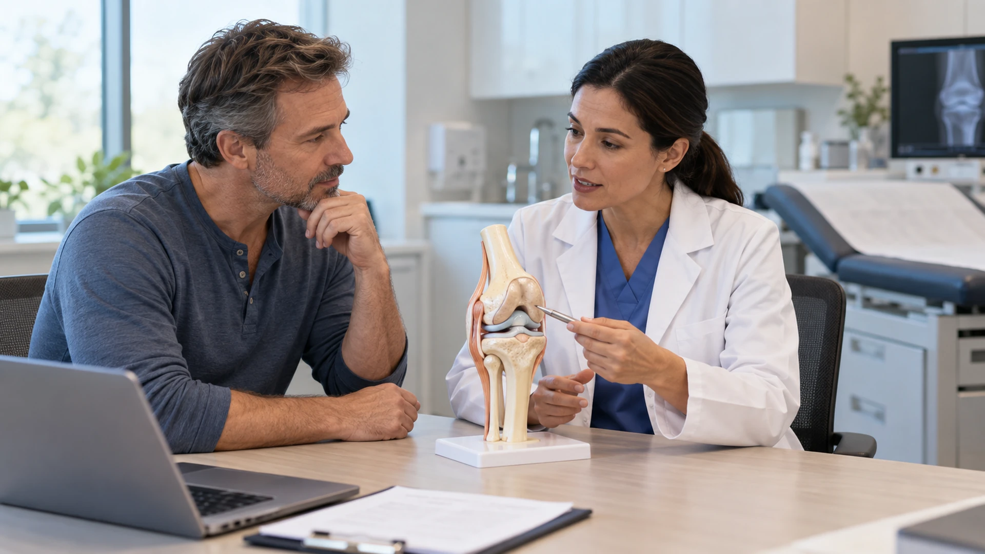 Orthopedic clinician and patient discussing a knee model in a modern clinic.
