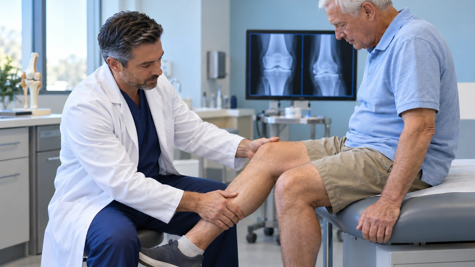 Physician examining an older patient’s knee with radiographs in the background
