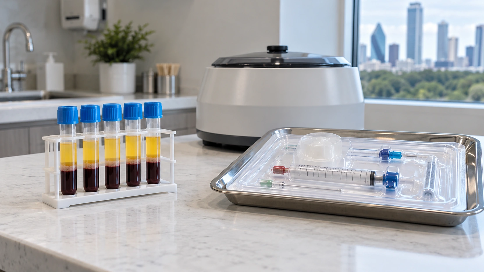 Blood separation tubes beside a packaged collection kit and centrifuge.