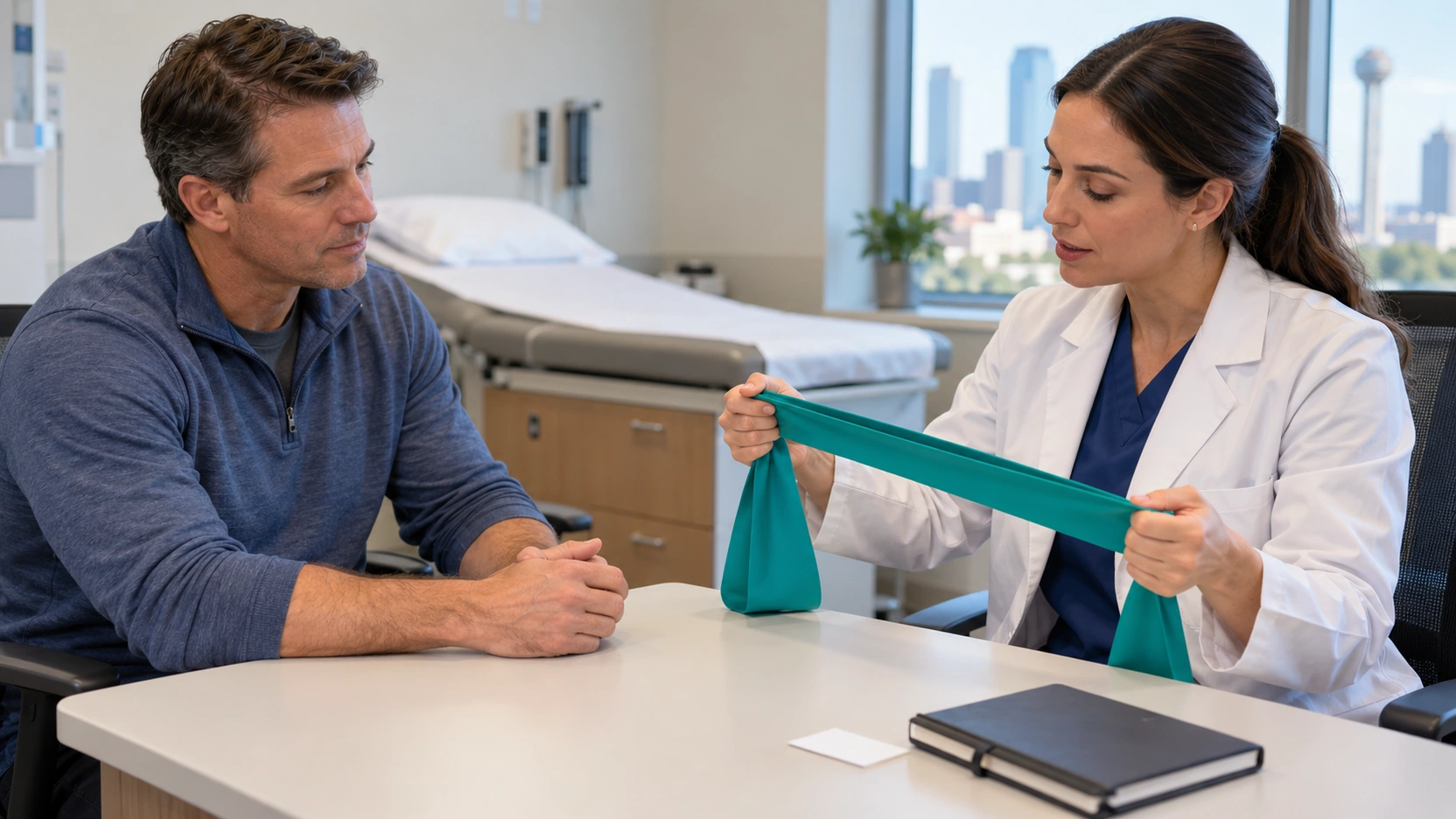 Doctor holding a resistance band while speaking with a seated patient.