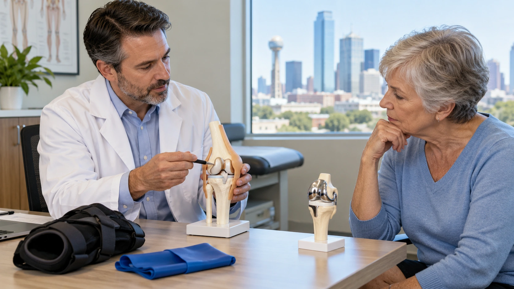 Doctor explaining a knee model beside a brace, resistance band, and implant model.