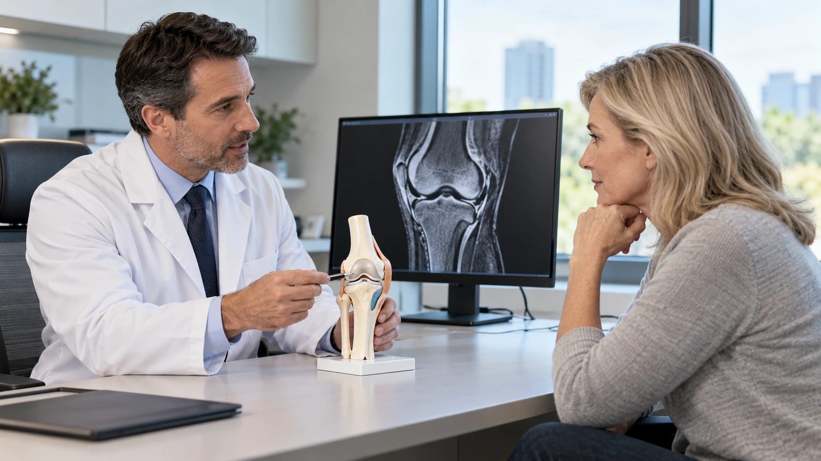 Doctor discussing a knee model and scan with an adult patient.