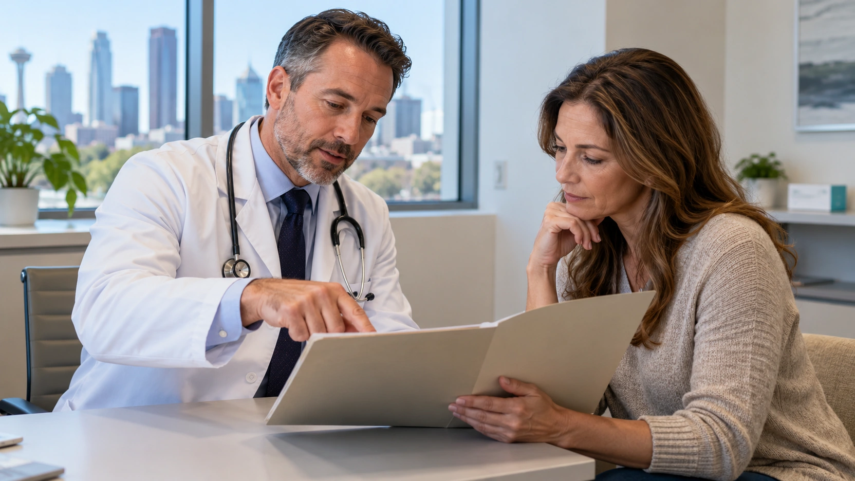 Doctor and patient reviewing an information folder together.