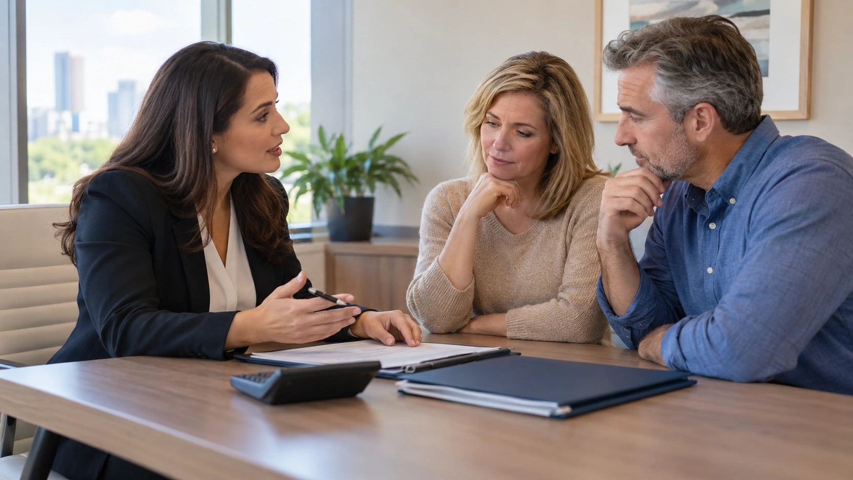 Clinic coordinator discussing paperwork with a couple at a desk.