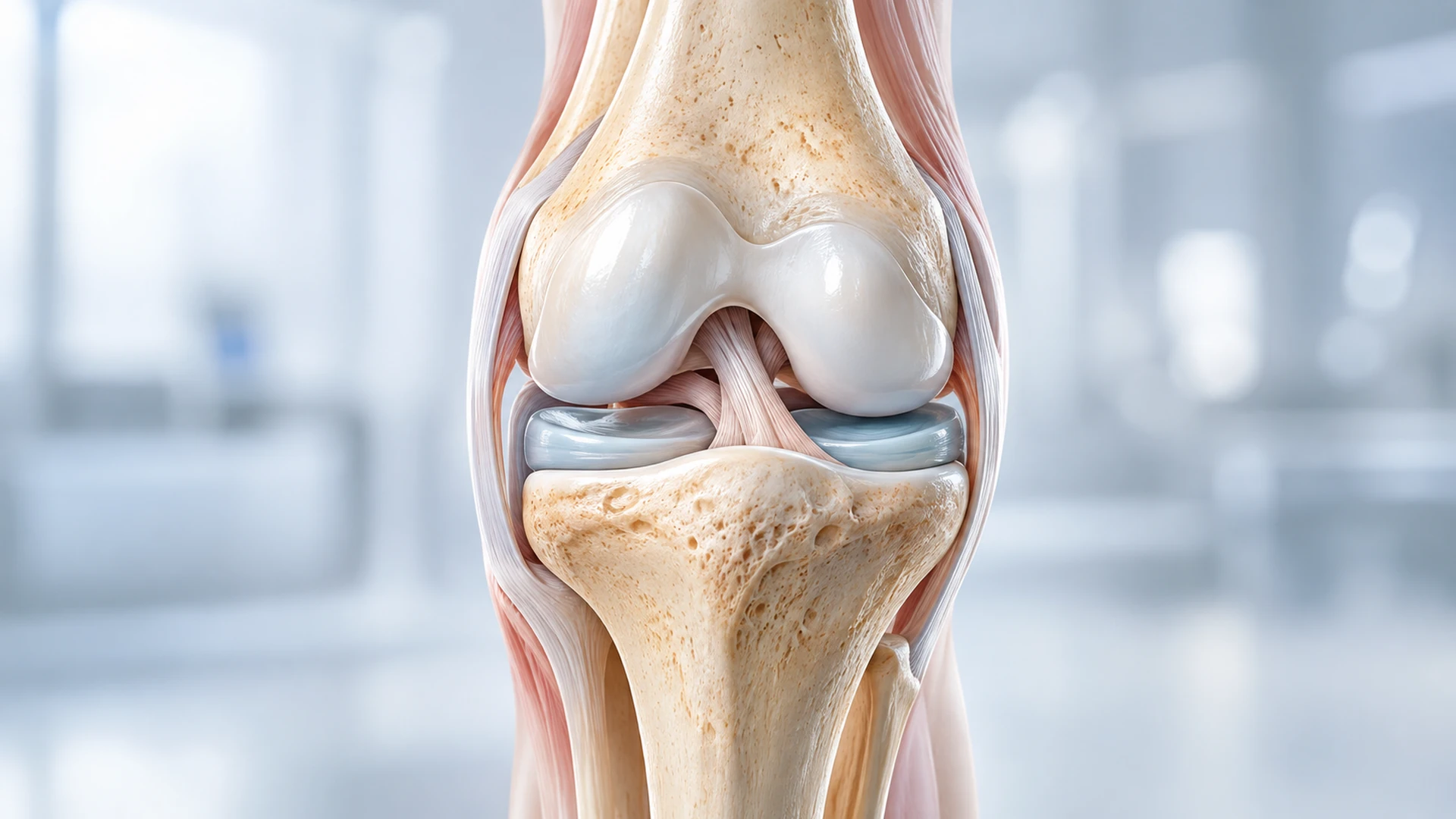3D medical illustration of a human knee joint showing cartilage, bone, and surrounding tissue.