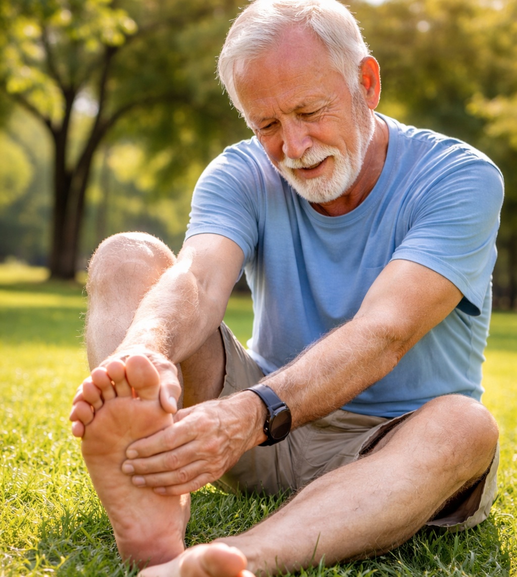 man with foot neuropathy in the park